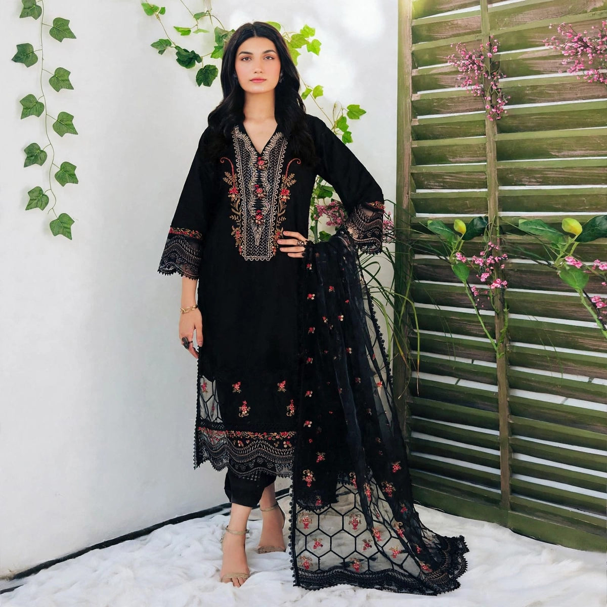 ZAR'QASH Luxury Embroidered Dhanak 3-Piece Suit with Embroidered Shawl | BT-006