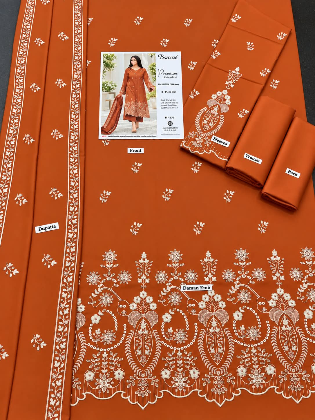 Rust Brown Embroidered Dhanak Marina 3Pc Suit - White Floral Work | BT-0026