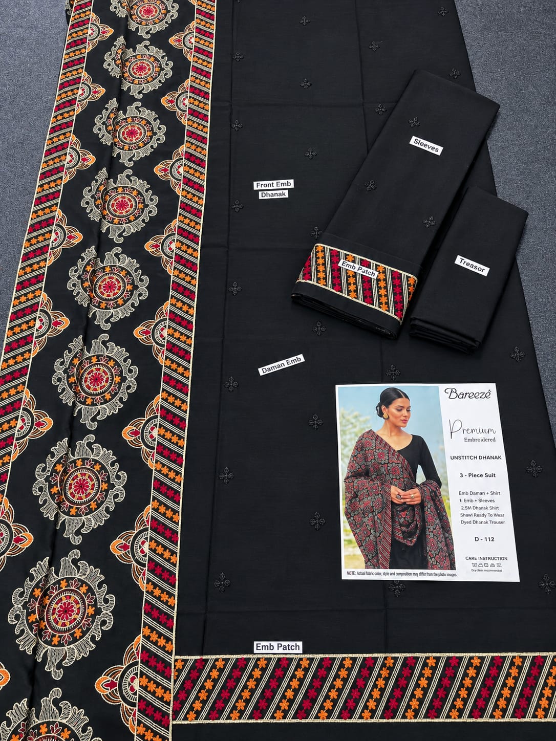 Premium Embroidered Dhanak 3-Piece - Black with Multicolor Shawl | BT-0025