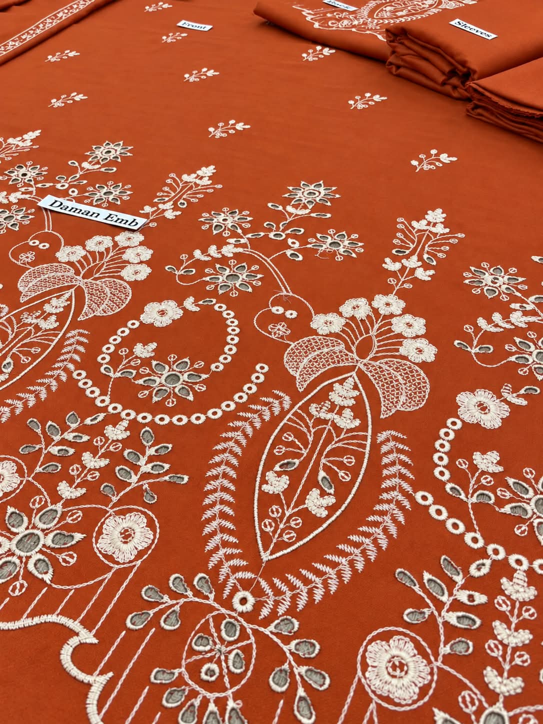 Rust Brown Embroidered Dhanak Marina 3Pc Suit - White Floral Work | BT-0026