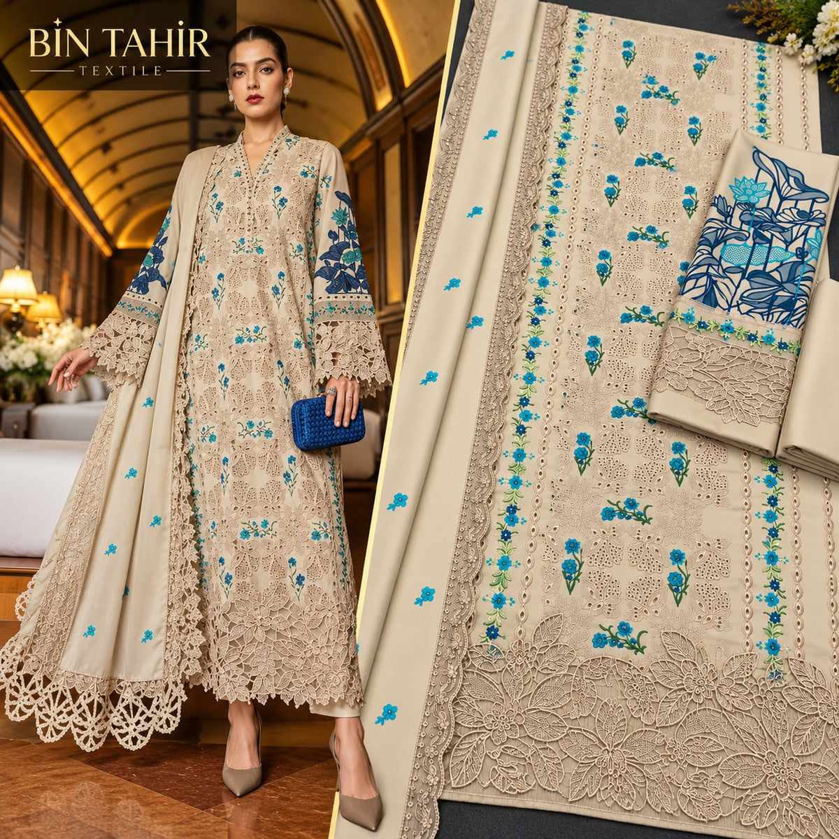 Beige Luxury Chikankari Dhanak Marina 3Pc Suit with Cutwork Lace | BT-0032