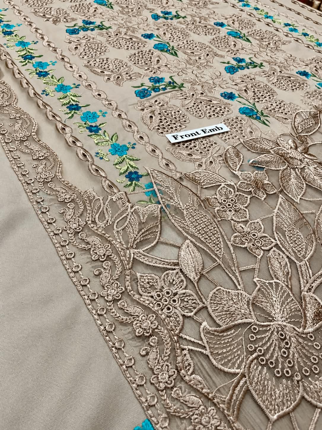 Beige Luxury Chikankari Dhanak Marina 3Pc Suit with Cutwork Lace | BT-0032