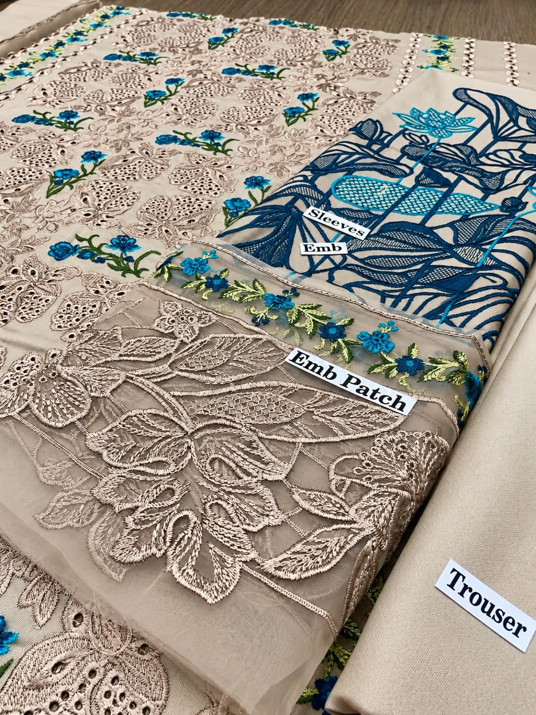 Beige Luxury Chikankari Dhanak Marina 3Pc Suit with Cutwork Lace | BT-0032