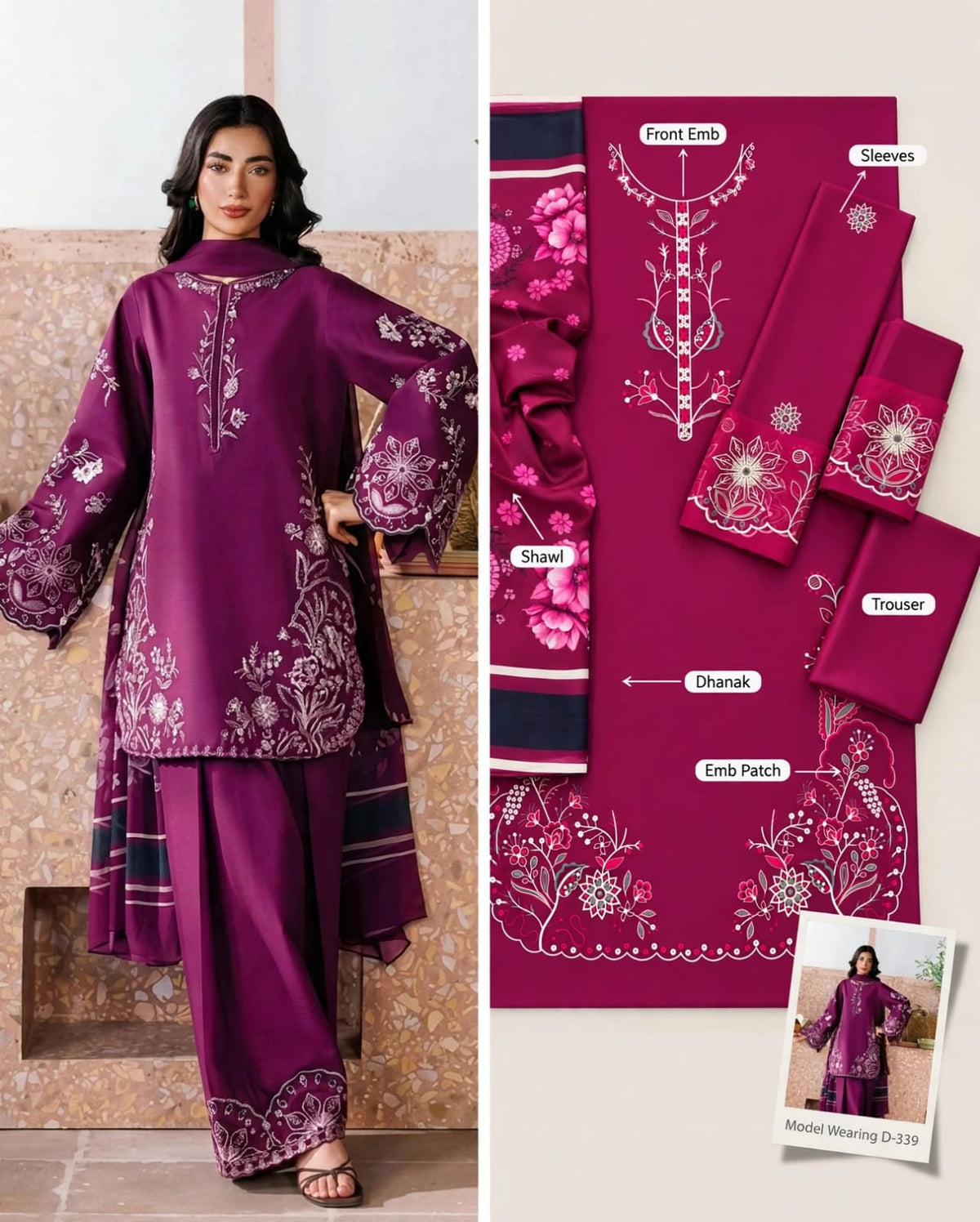 Plum Magenta Dhanak Marina 3Pc Embroidered Suit with Printed Dhanak Shawl | BT-0034