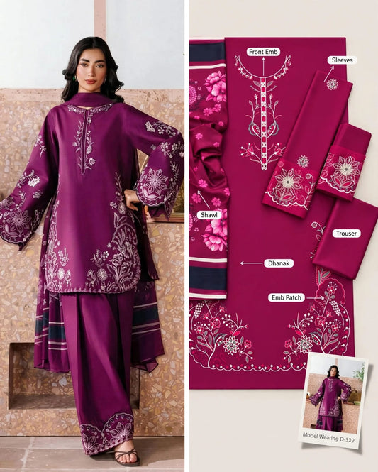 Plum Magenta Dhanak Marina 3Pc Embroidered Suit with Printed Dhanak Shawl | BT-0034