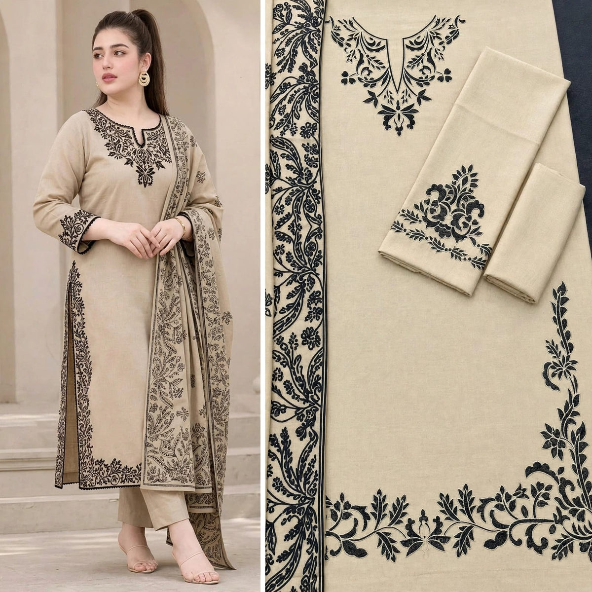 Beige Dhanak Marina 3Pc Embroidered Suit with Black Velvet Applique Work - Bareeze Inspired Winter | BT-0037