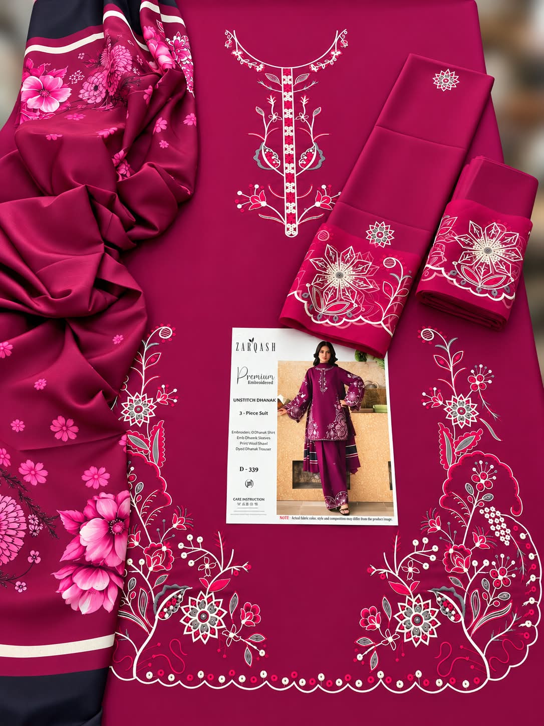 Plum Magenta Dhanak Marina 3Pc Embroidered Suit with Printed Dhanak Shawl | BT-0034