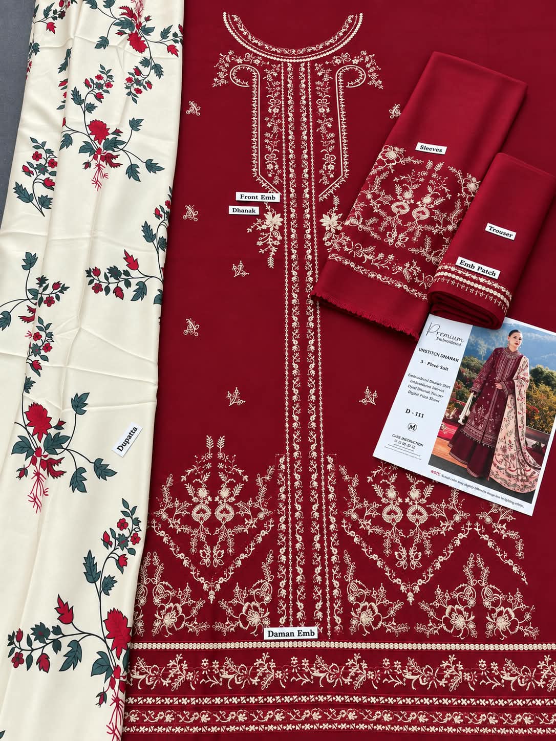 Maroon Dhanak Marina 3Pc Premium Embroidered Suit with Digital Printed Shawl | BT-0039