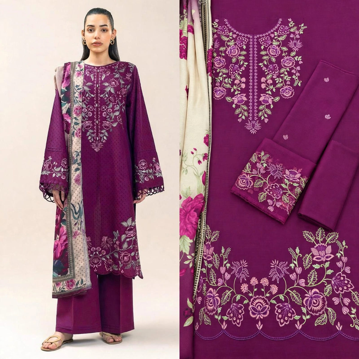 Khaadi Inspired Plum Purple Dhanak Marina 3Pc Embroidered Suit with Floral Printed Wool Shawl | BT-0036