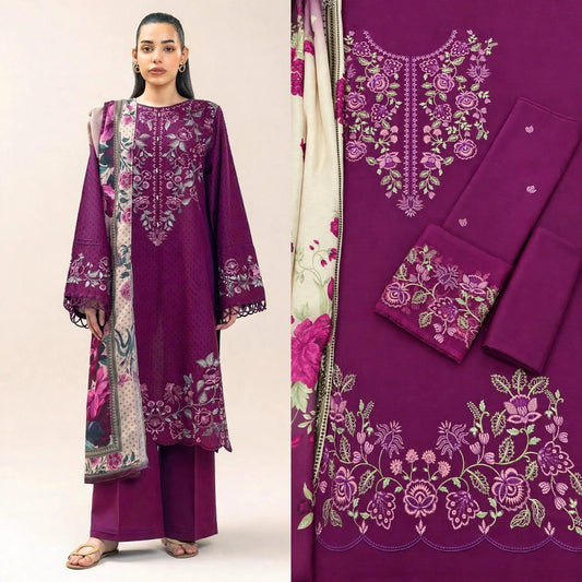 Khaadi Inspired Plum Purple Dhanak Marina 3Pc Embroidered Suit with Floral Printed Wool Shawl | BT-0036