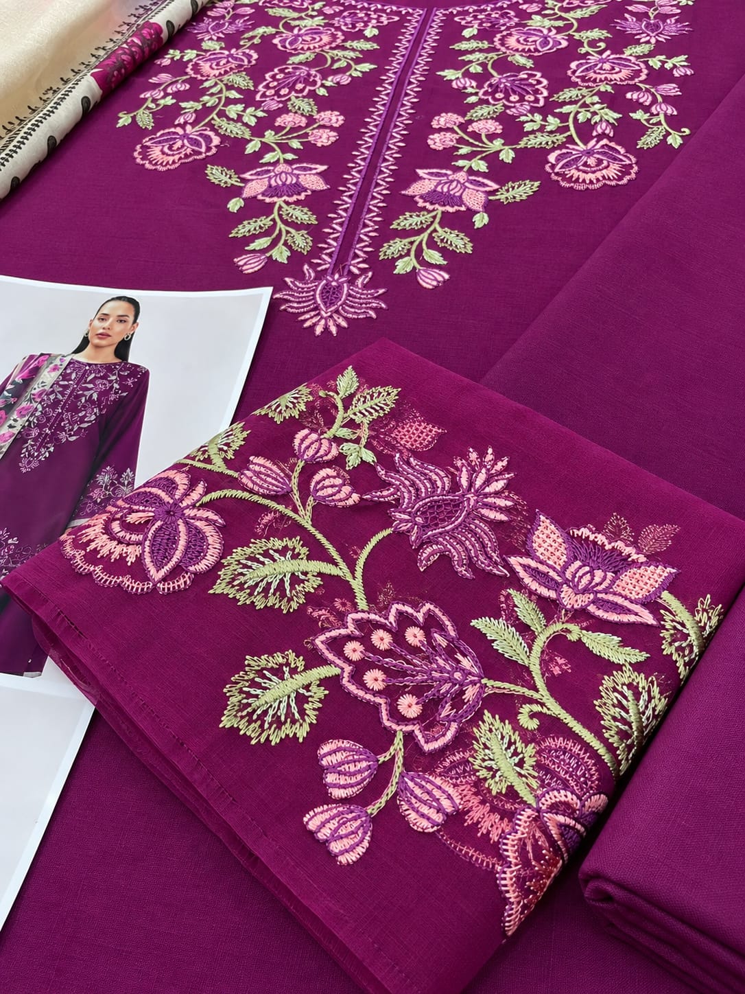 Khaadi Inspired Plum Purple Dhanak Marina 3Pc Embroidered Suit with Floral Printed Wool Shawl | BT-0036