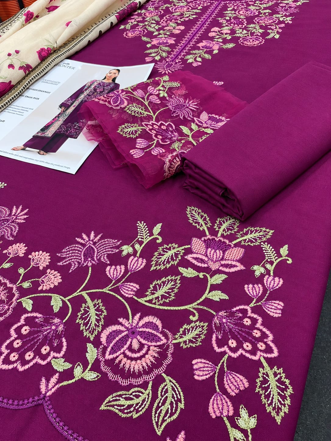 Khaadi Inspired Plum Purple Dhanak Marina 3Pc Embroidered Suit with Floral Printed Wool Shawl | BT-0036