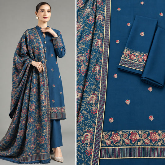Teal Blue Dhanak Marina 3Pc Embroidered Suit - All Over Booti with Kashmiri Shawl | BT-0031