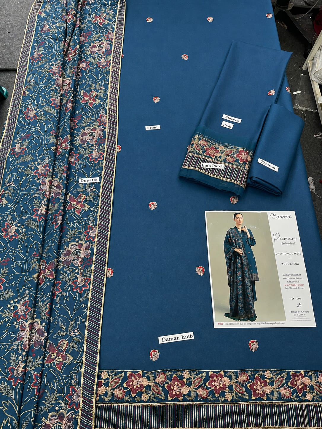 Teal Blue Dhanak Marina 3Pc Embroidered Suit - All Over Booti with Kashmiri Shawl | BT-0031