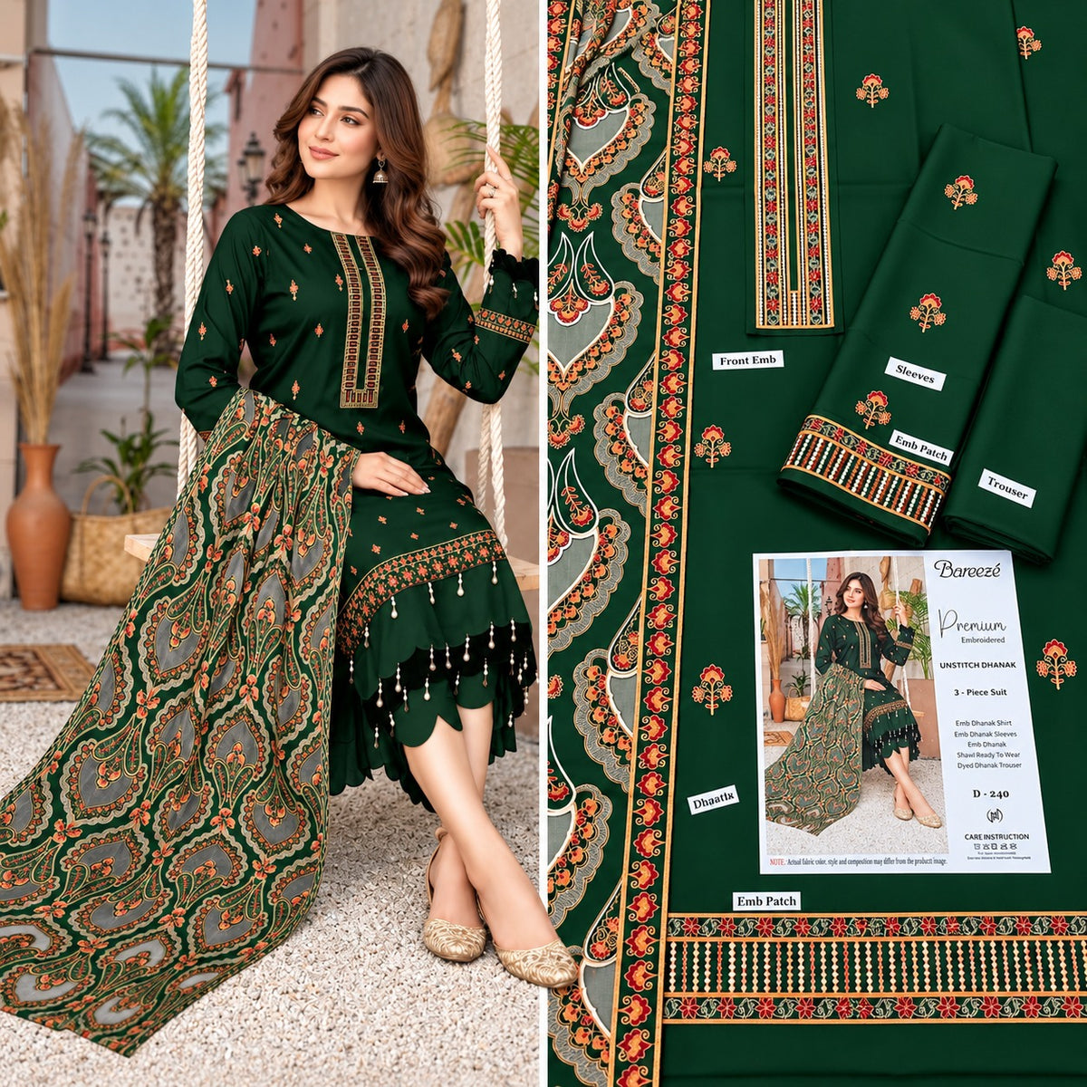 Bottle Green Dhanak Marina Embroidered 3Pc Suit with Palachi Shawl | BT-0033