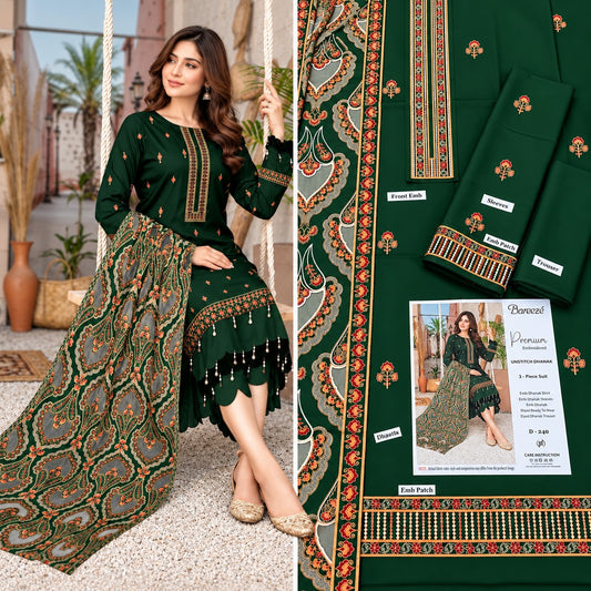 Bottle Green Dhanak Marina Embroidered 3Pc Suit with Palachi Shawl | BT-0033