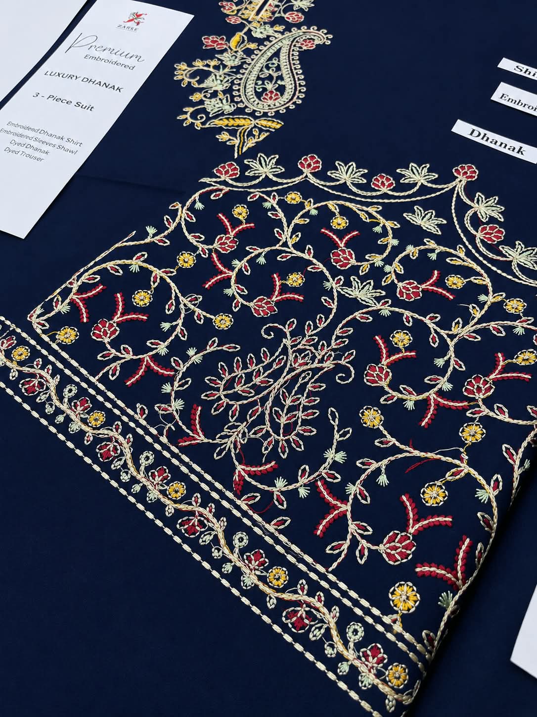 Navy Blue Dhanak Marina Embroidered 3Pc Suit - Paisley Work & Heavy Shawl | BT-0029